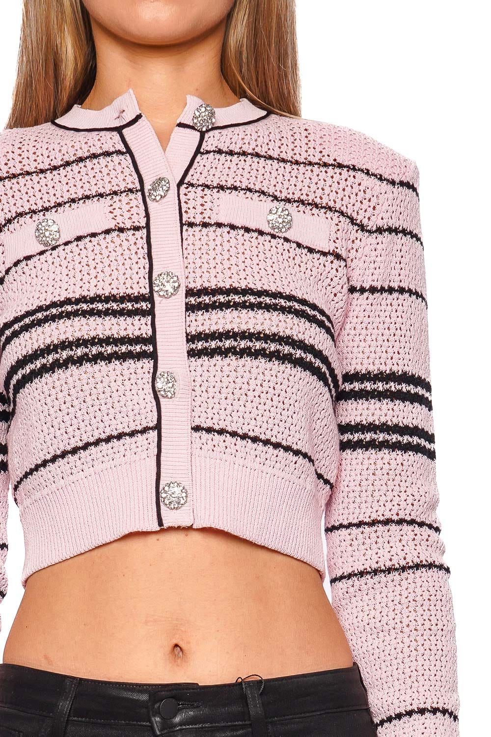 self-portrait Pink Stripe Long Sleeve Cropped Cardigan