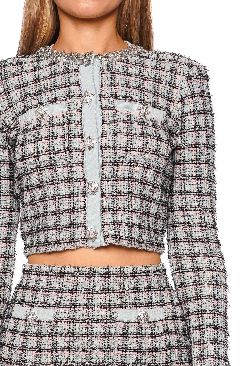 Blue Check Tweed Embellished Cropped Cardigan