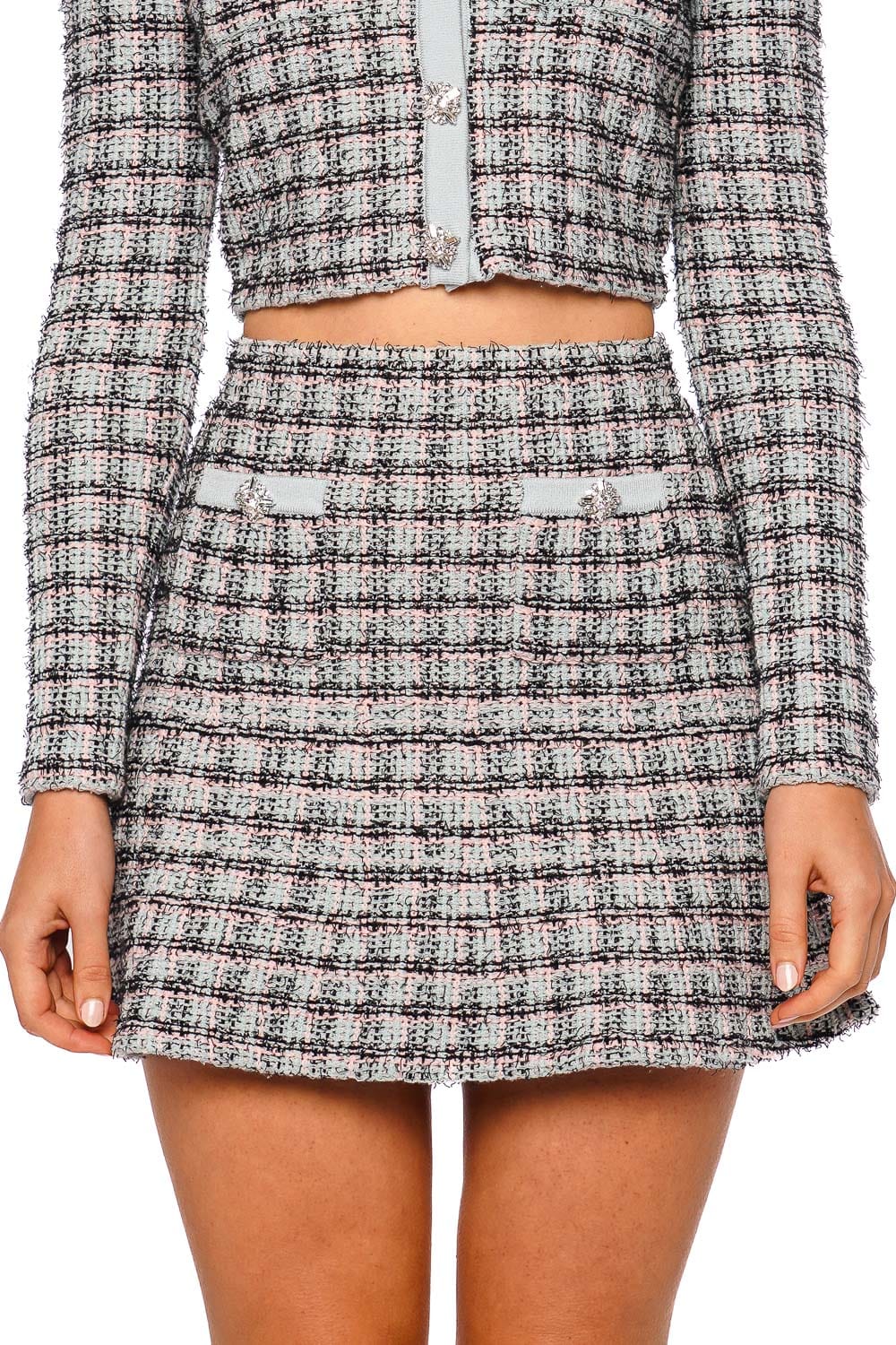 Blue Check Tweed Knit Mini Skirt