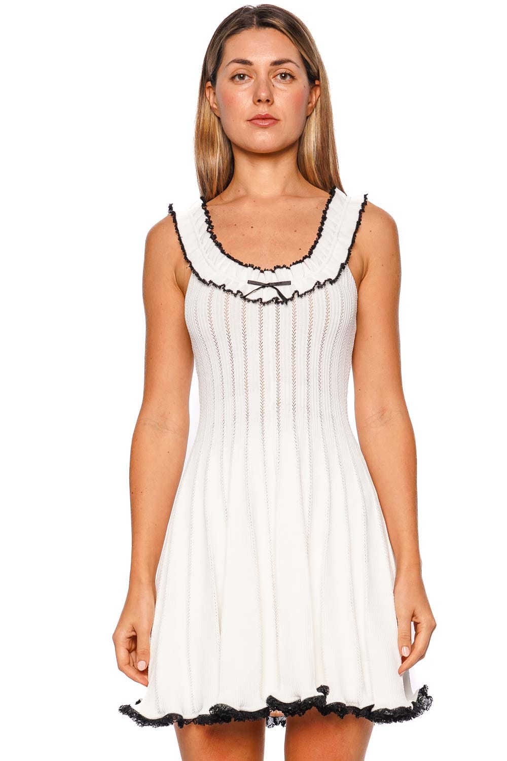 self-portrait White Contrast Trim Ruffled Pointelle Knit Mini Dress