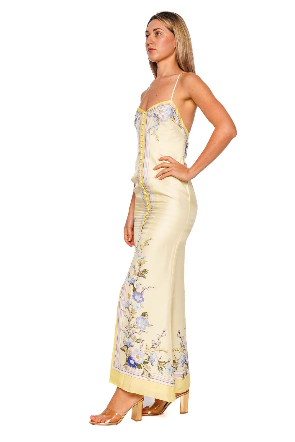 self-portrait Yellow Floral Silk Buttoned Midi Dress