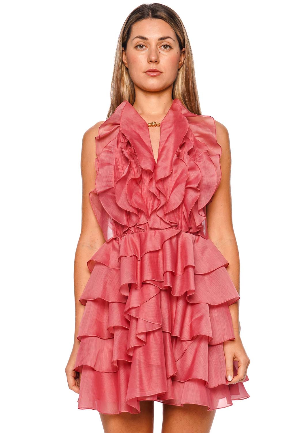 Aje. Cleo Spiced Coral Ruffled Mini Dress