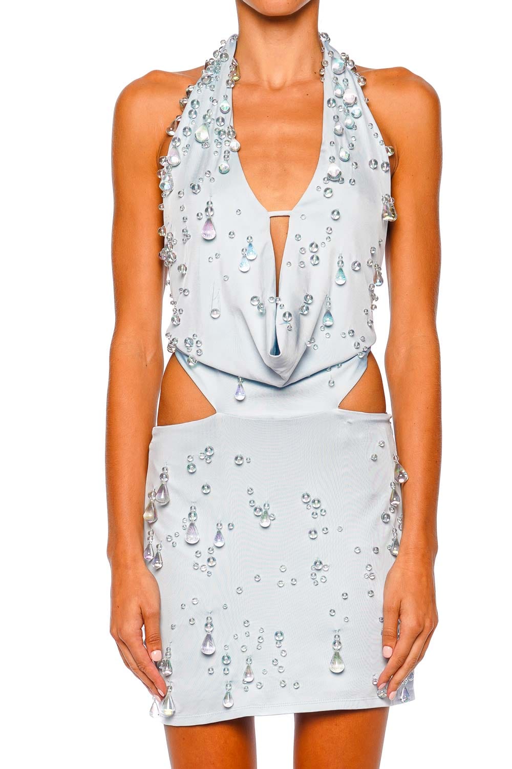 Cult Gaia Issey Beaded Cowl Halter Mini Dress