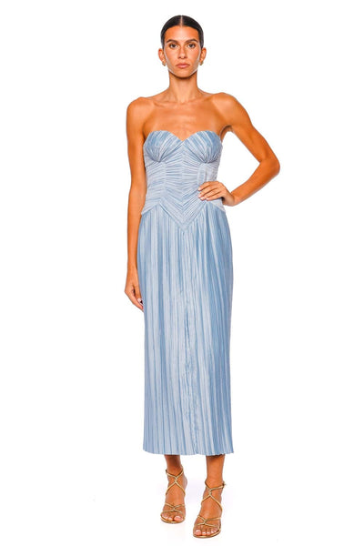 knee length dresses for ladies Needii Ophelia Ruched Strapless Midi Dress (Cream Stripe) – Momni Boutique main image 0
