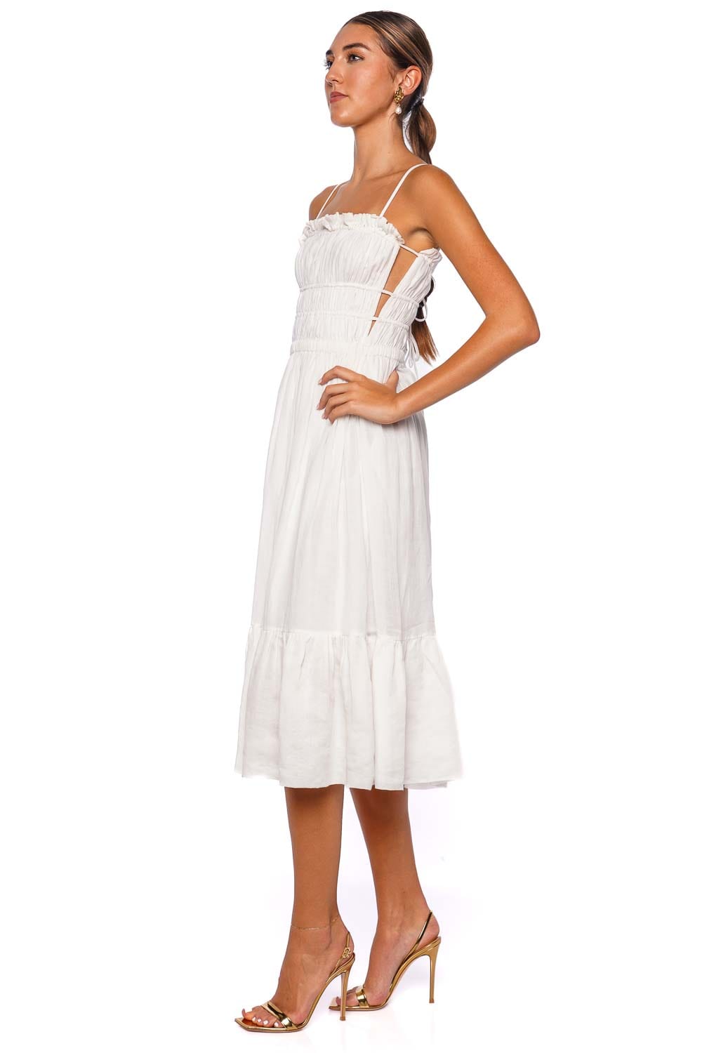 Un Romance Gathered Linen Midi Dress