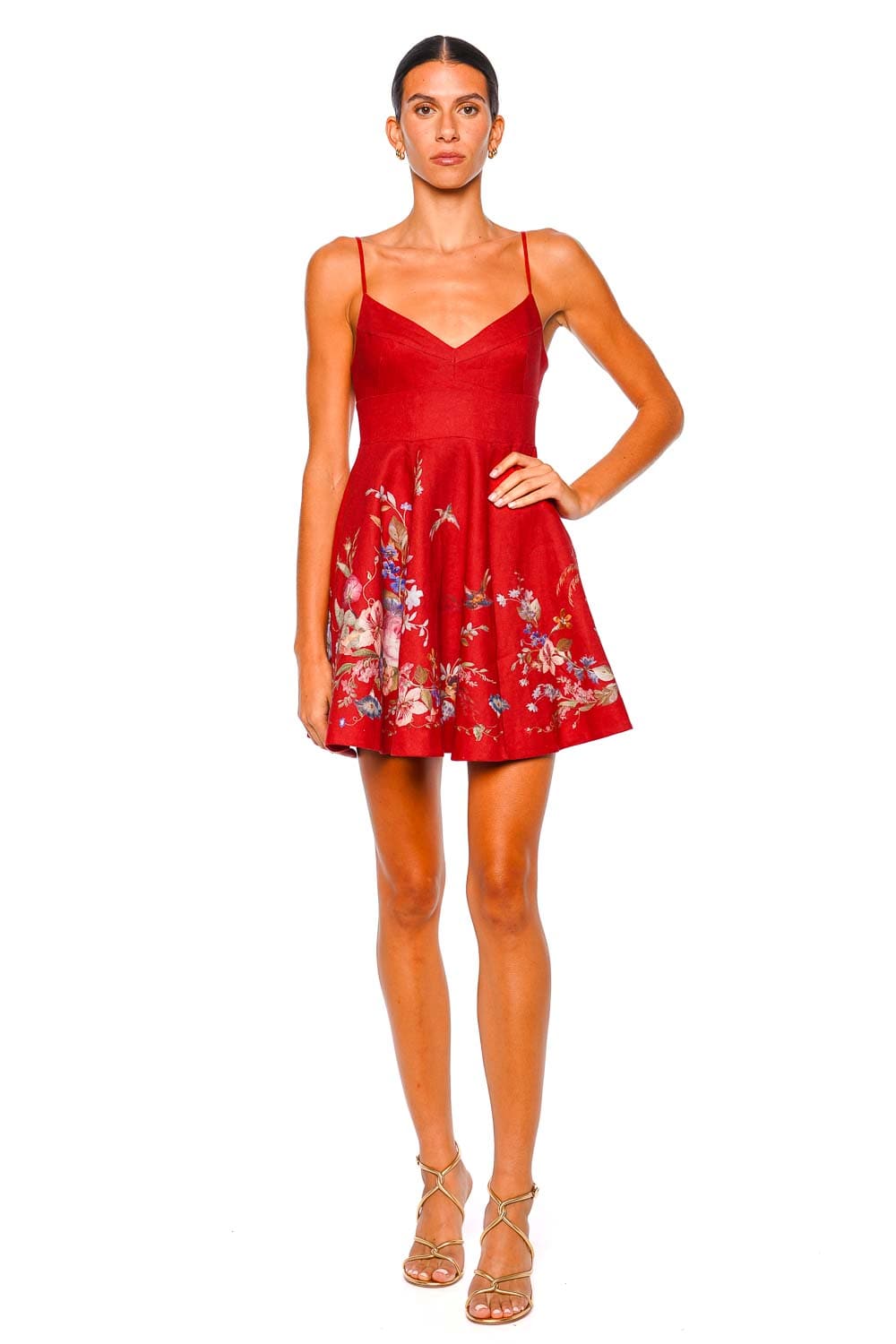 ZIMMERMANN Patience Red Floral Mini Dress with Spaghetti Straps