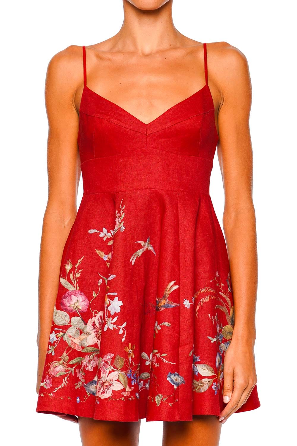 ZIMMERMANN Patience Red Floral Mini Dress with Spaghetti Straps