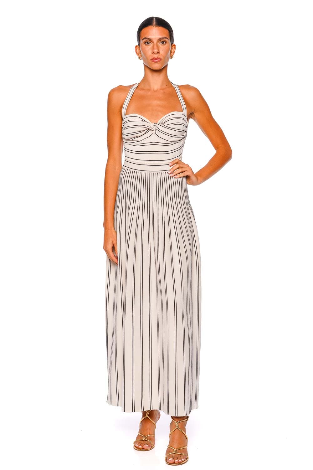 ZIMMERMANN Daylight Twist Cream Black Halter Neck Midi Dress