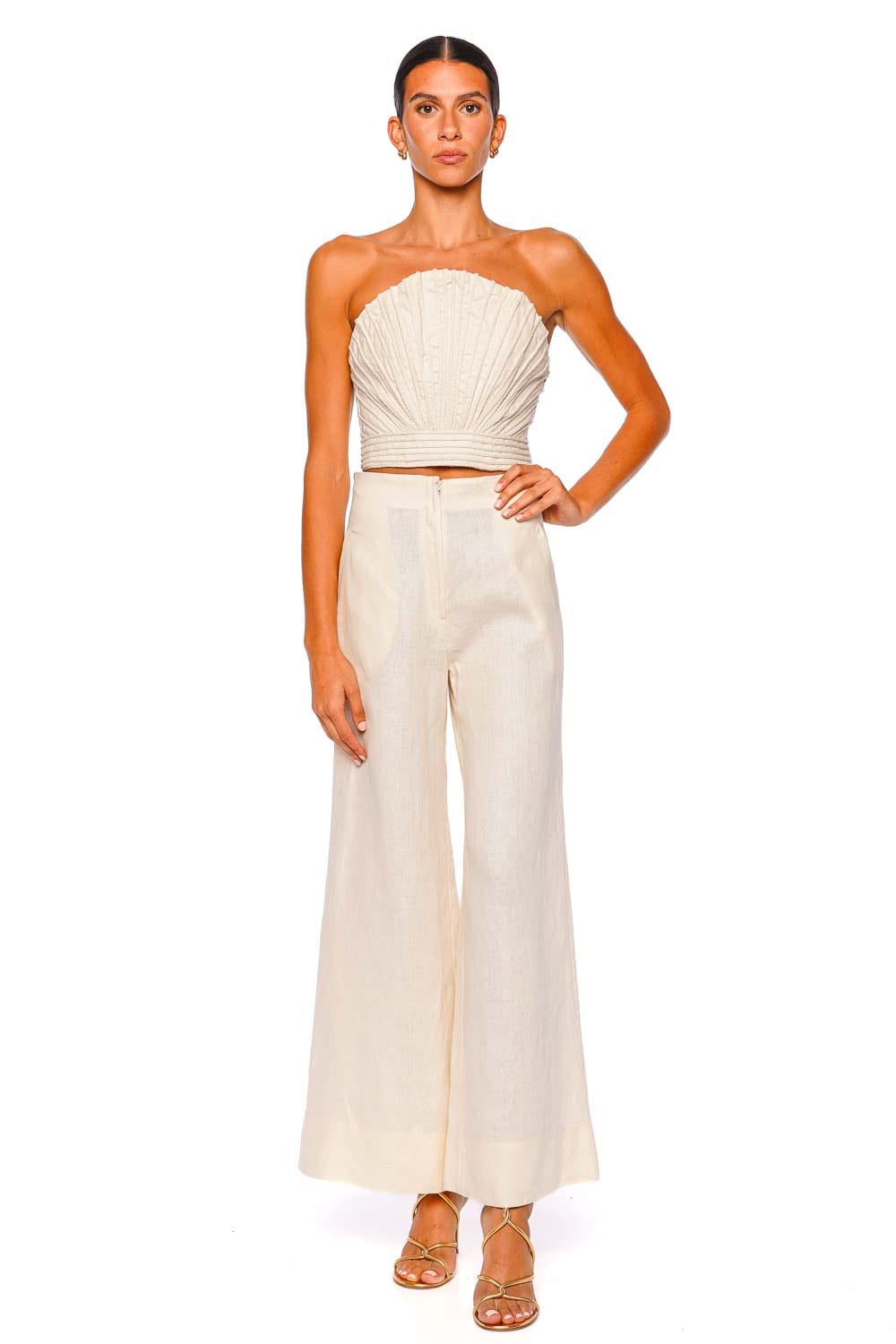 Andres Otalora El Sol Ivory Linen Wide Leg Flared Pant