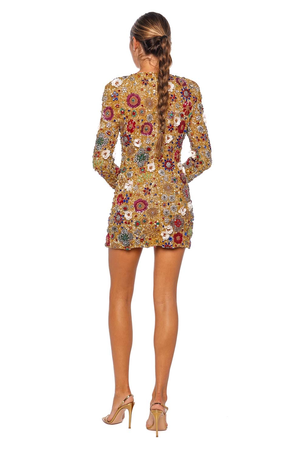 Rachel Gilbert Francesca Gold Embellished Long Sleeve Mini Dress