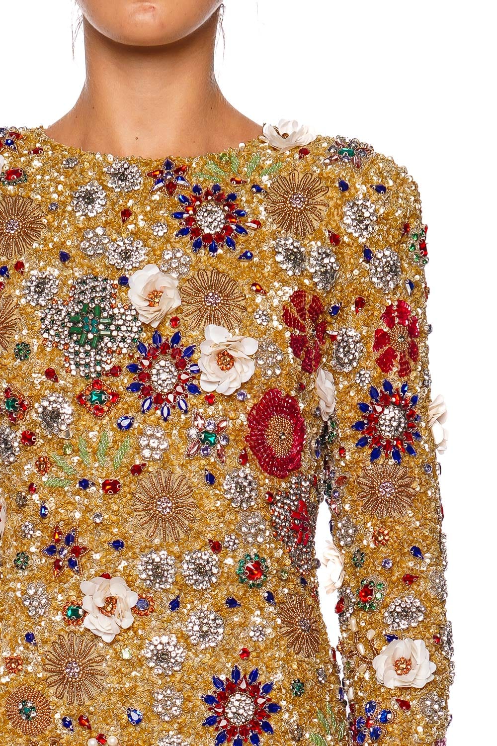 Rachel Gilbert Francesca Gold Embellished Long Sleeve Mini Dress