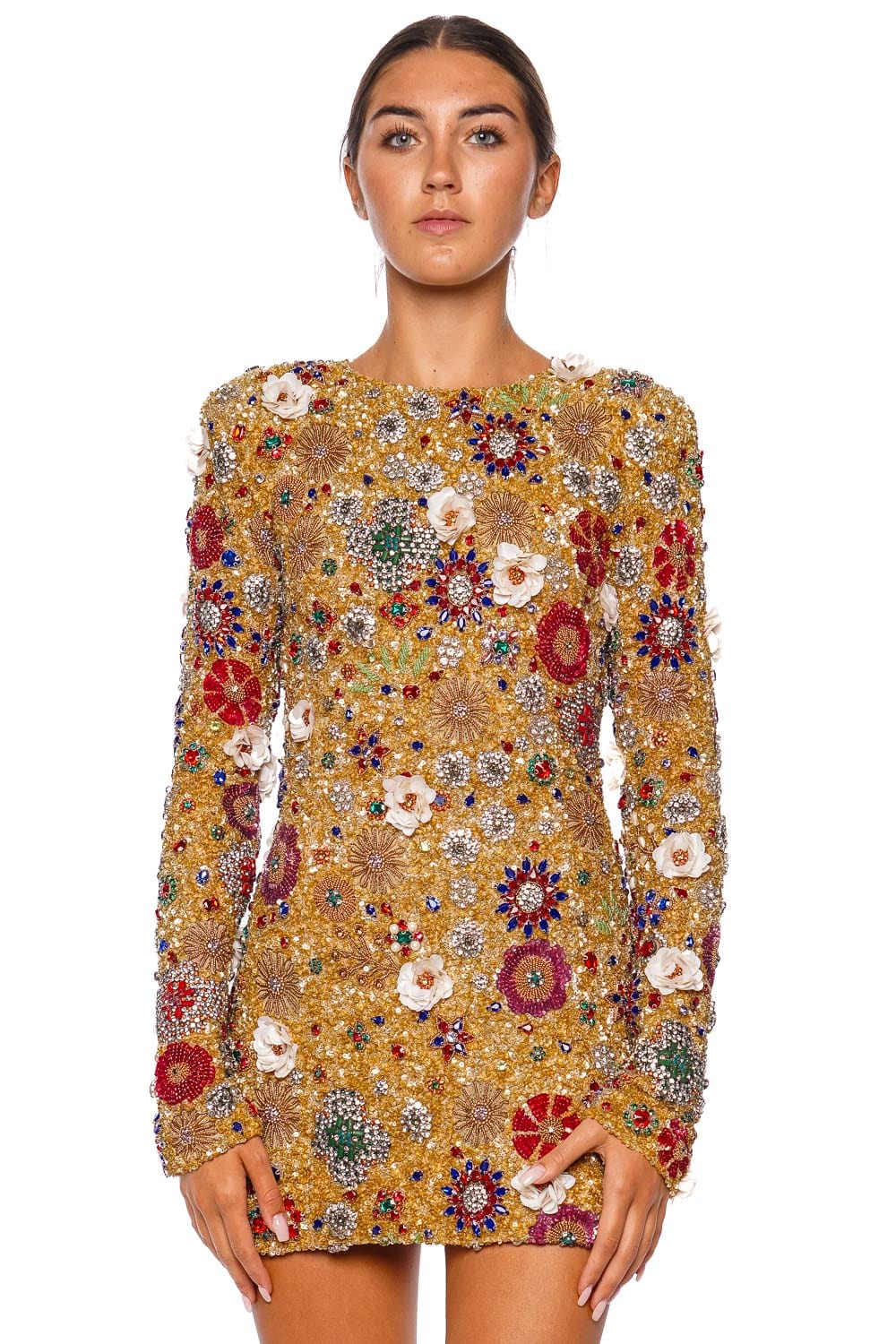 Rachel Gilbert Francesca Gold Embellished Long Sleeve Mini Dress
