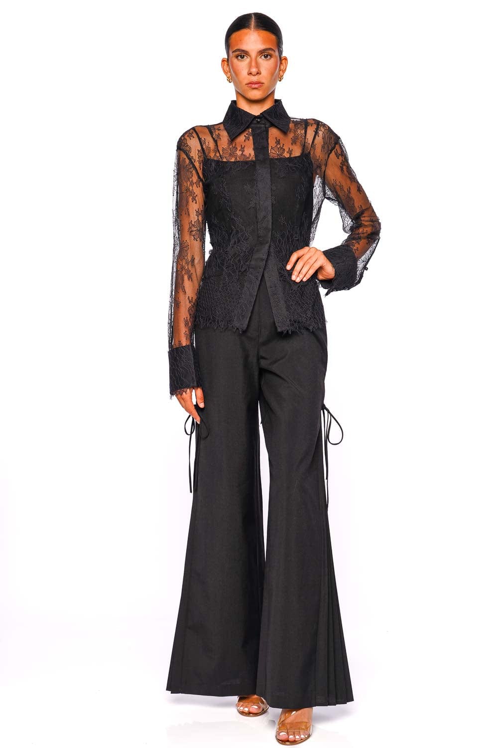 CLEA Ramiro Black Lace Long Sleeve Side Tie Blouse