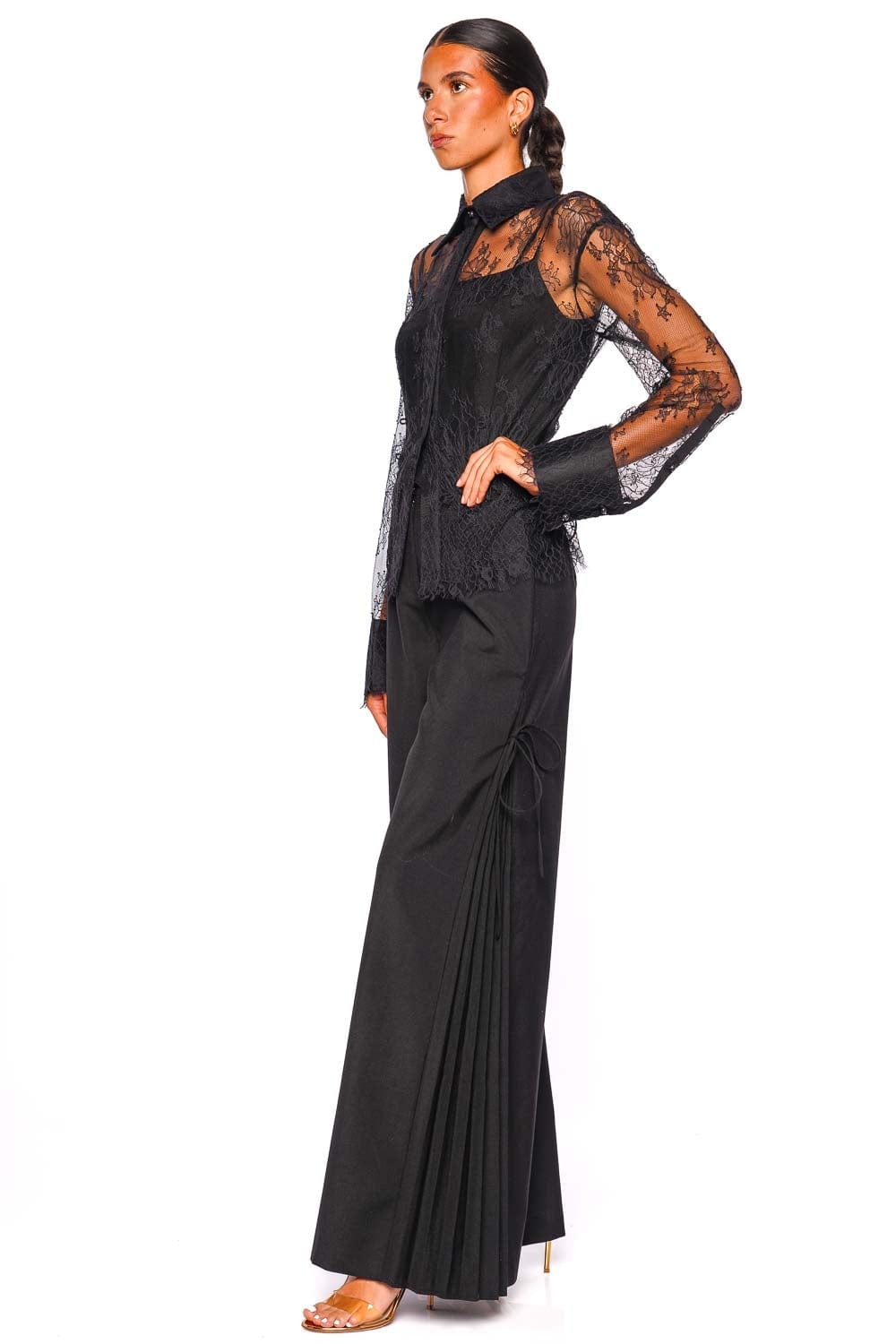 CLEA Ramiro Black Lace Long Sleeve Side Tie Blouse