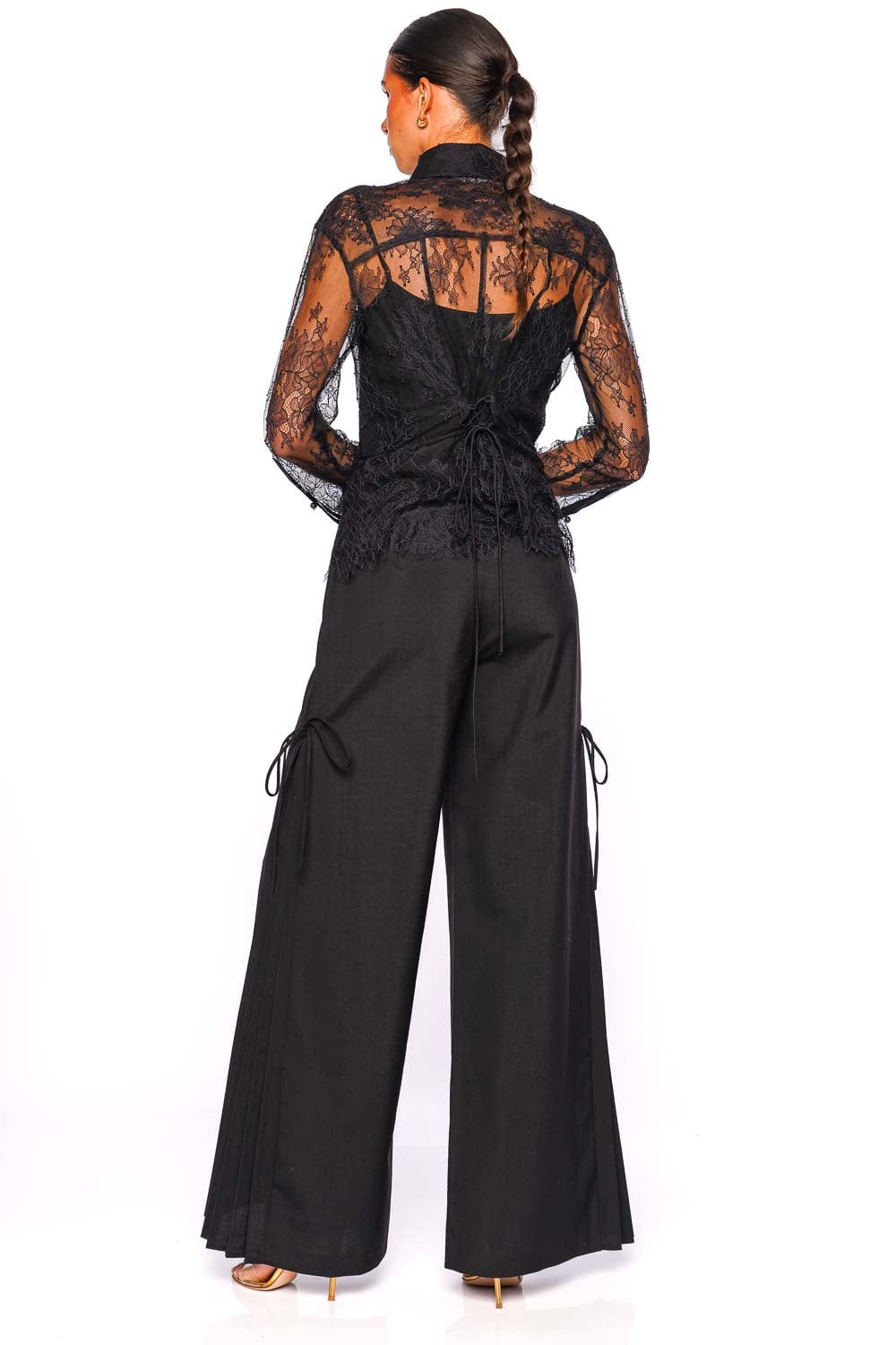 CLEA Ramiro Black Lace Long Sleeve Side Tie Blouse