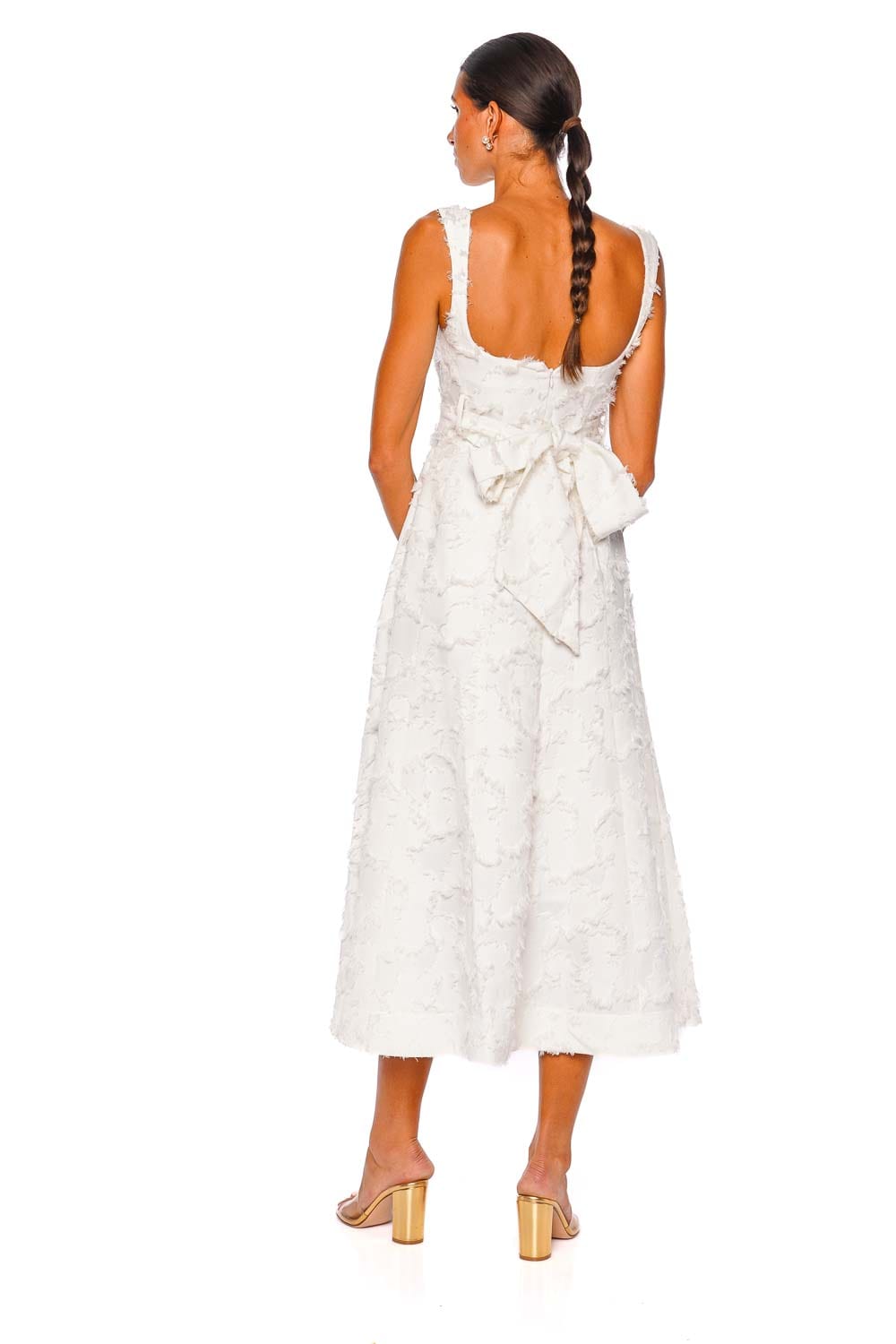 CLEA Zinnia Feathered Jacquard Belted Midi Dress