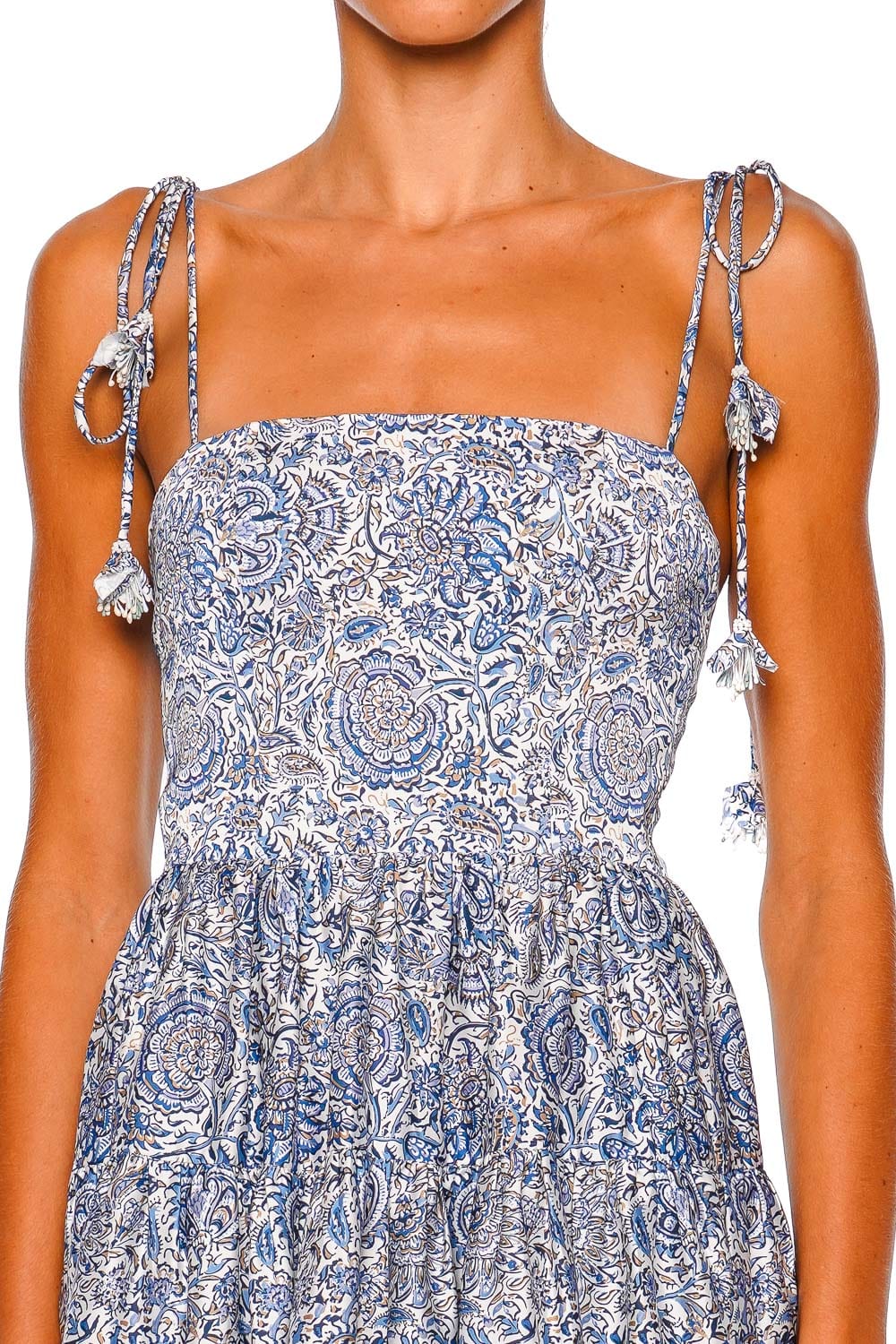 Rosewater House Sara Blue Paisley Tie Shoulder Mini Dress