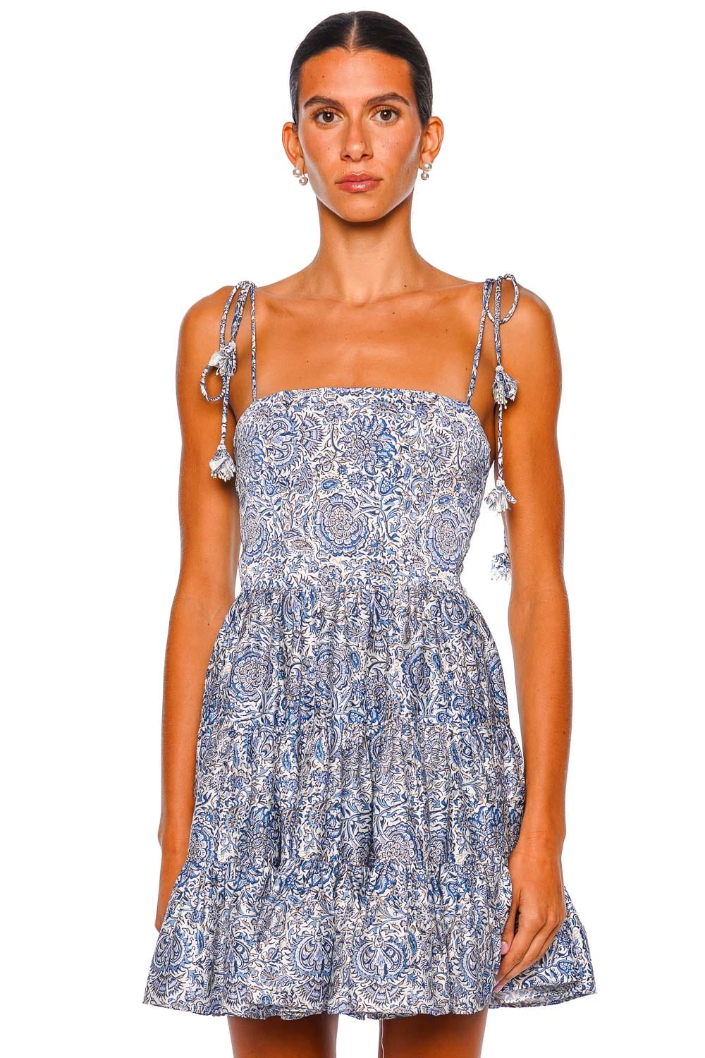 Rosewater House Sara Blue Paisley Tie Shoulder Mini Dress