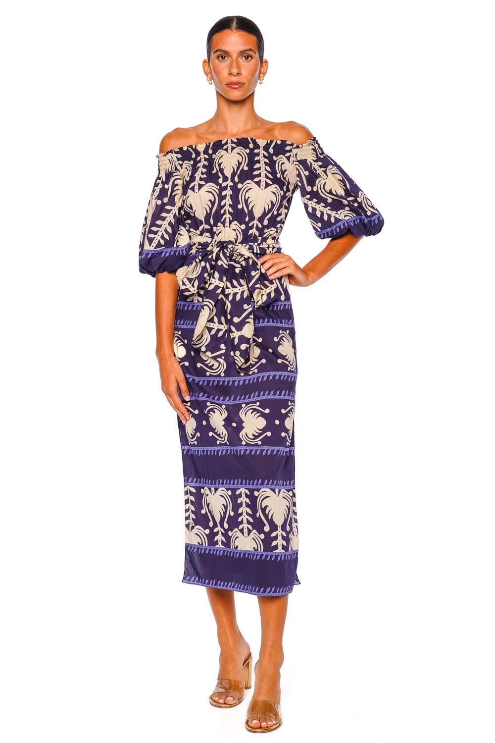 Johanna Ortiz Harbor Hues Navy Off-Shoulder Ankle Dress
