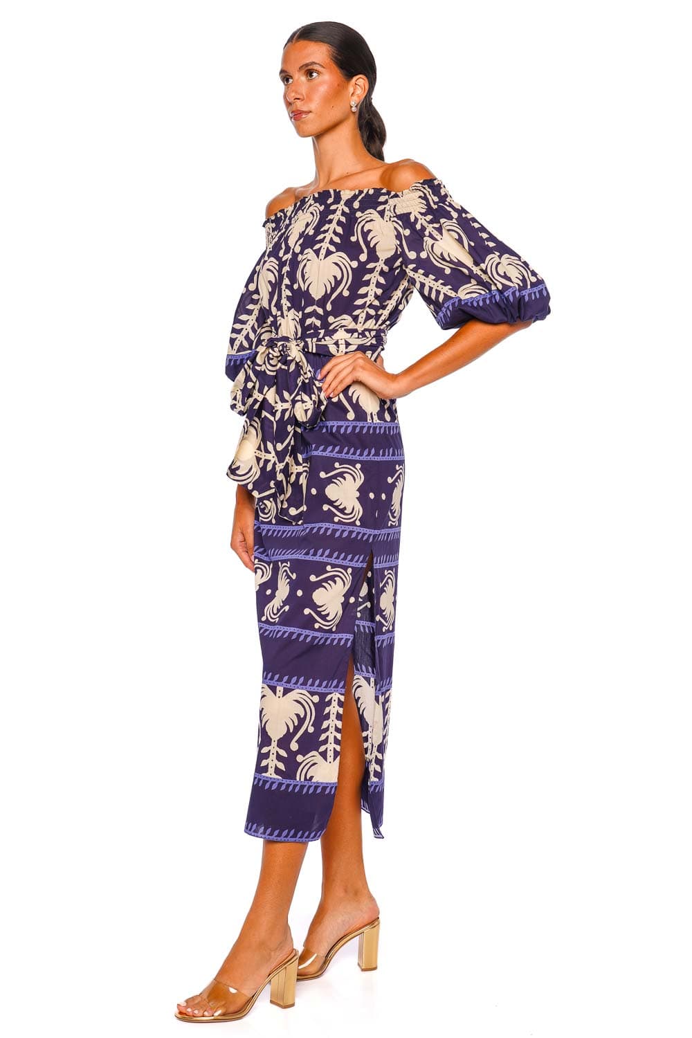 Johanna Ortiz Harbor Hues Navy Off-Shoulder Ankle Dress