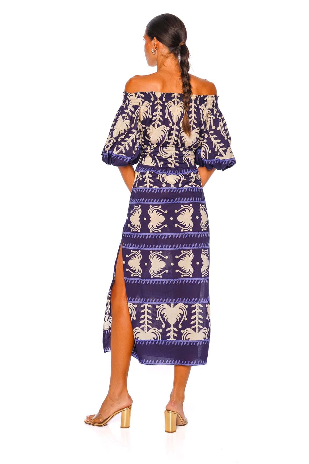 Johanna Ortiz Harbor Hues Navy Off-Shoulder Ankle Dress