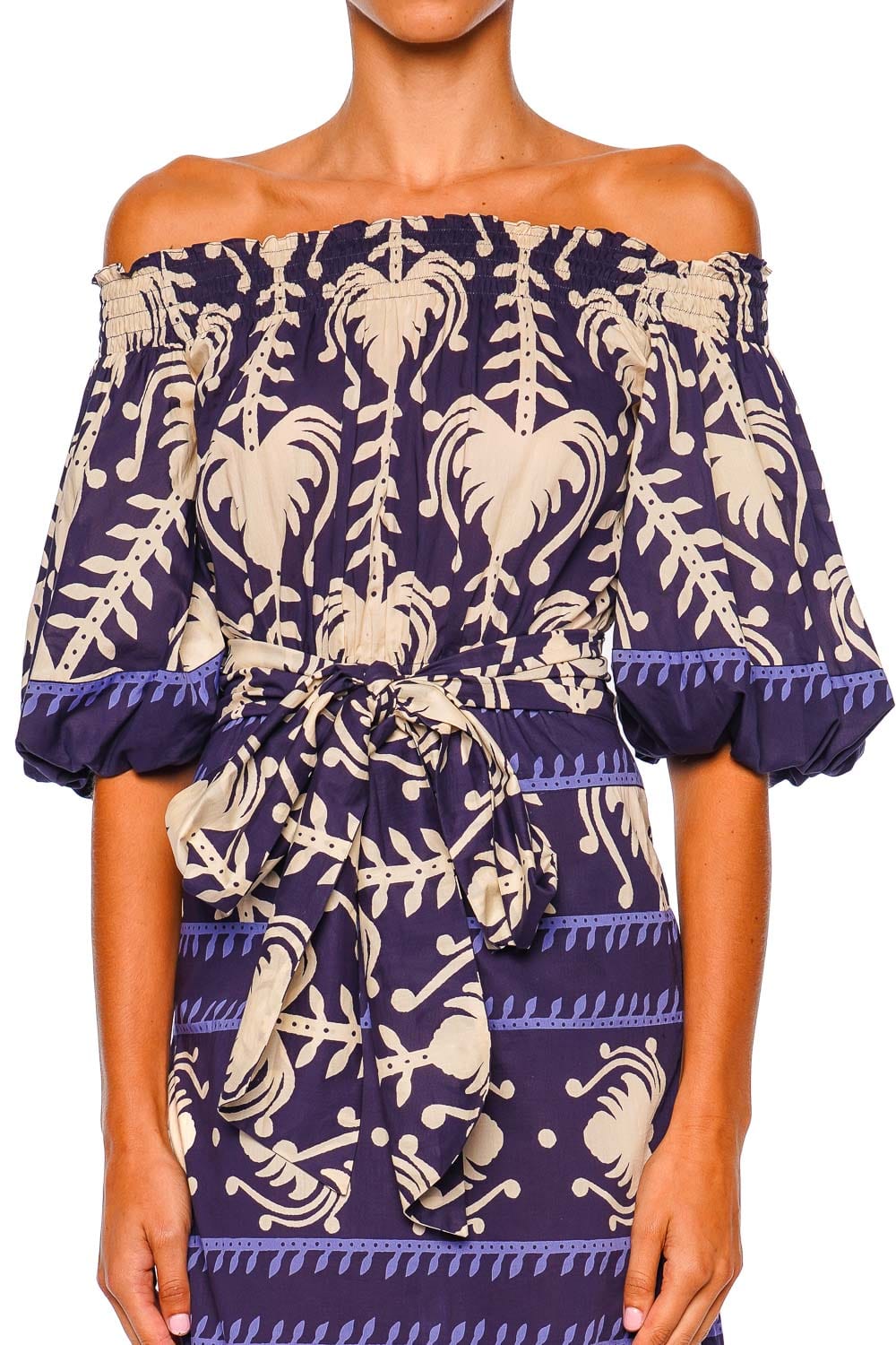 Johanna Ortiz Harbor Hues Navy Off-Shoulder Ankle Dress
