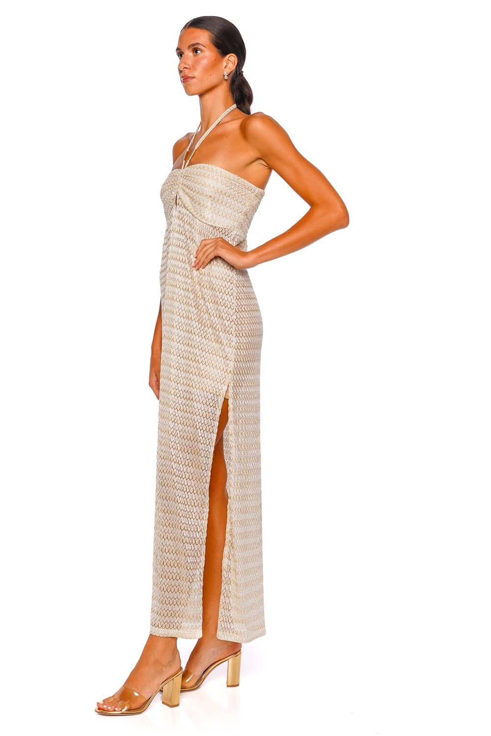 Melissa Odabash Mila Gold Metallic Knit Halter Maxi Dress