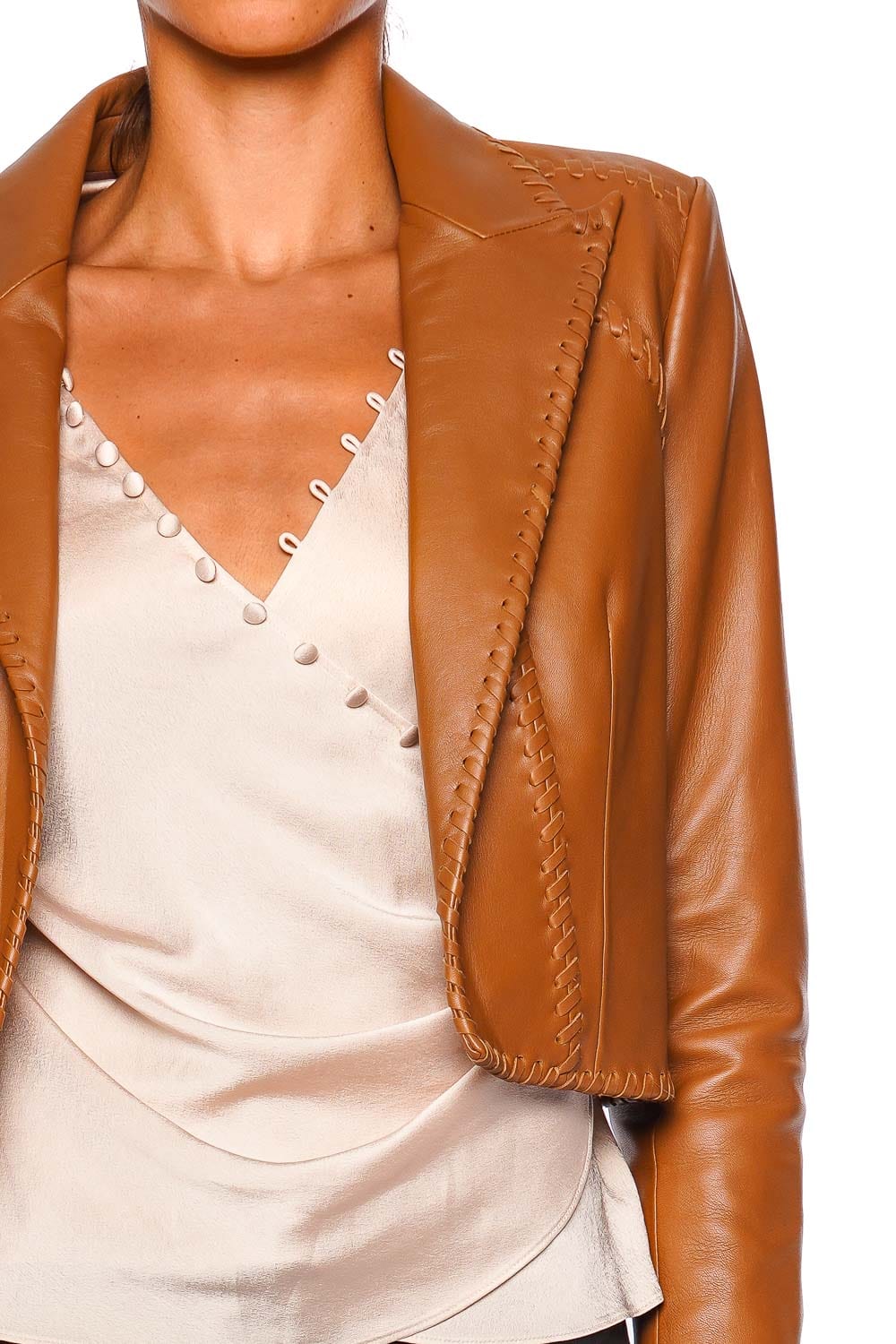 L'AGENCE Dulcie Soft Cognac Leather Whipstitch Blazer