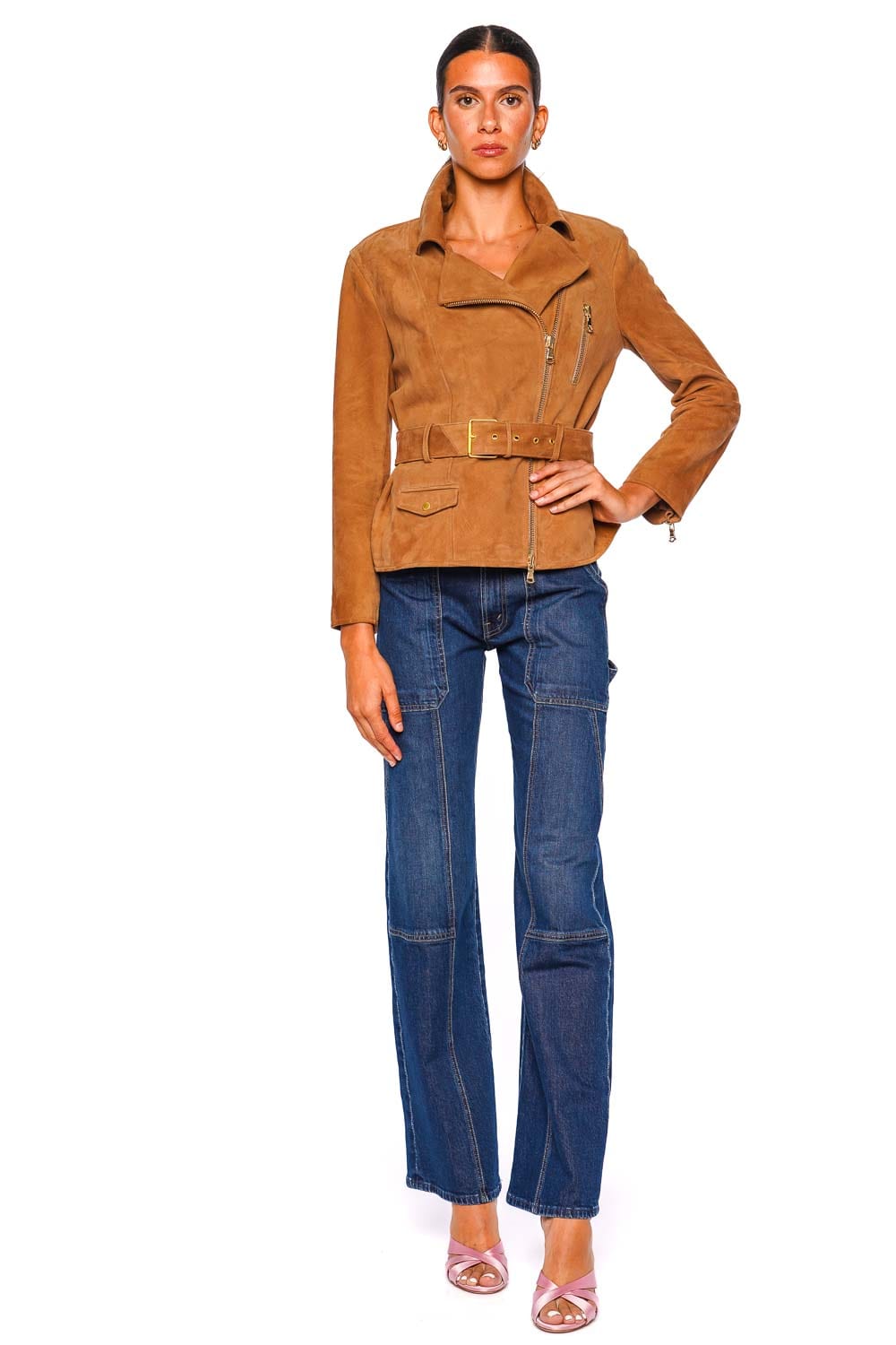 L'AGENCE Dinah Dark Chai Latte Belted Biker Jacket