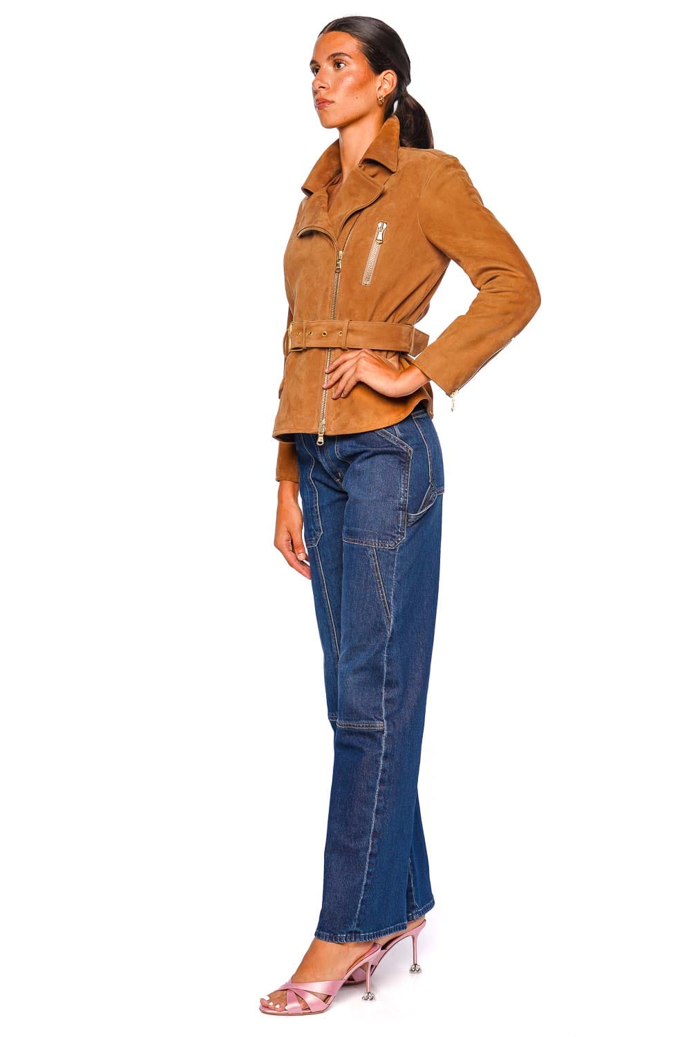 L'AGENCE Dinah Dark Chai Latte Belted Biker Jacket