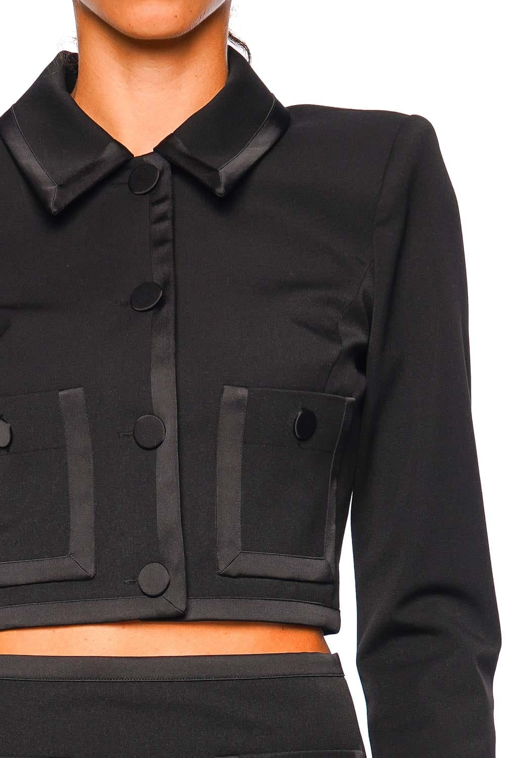 L'AGENCE Blythe Black Satin Trim Cropped Jacket