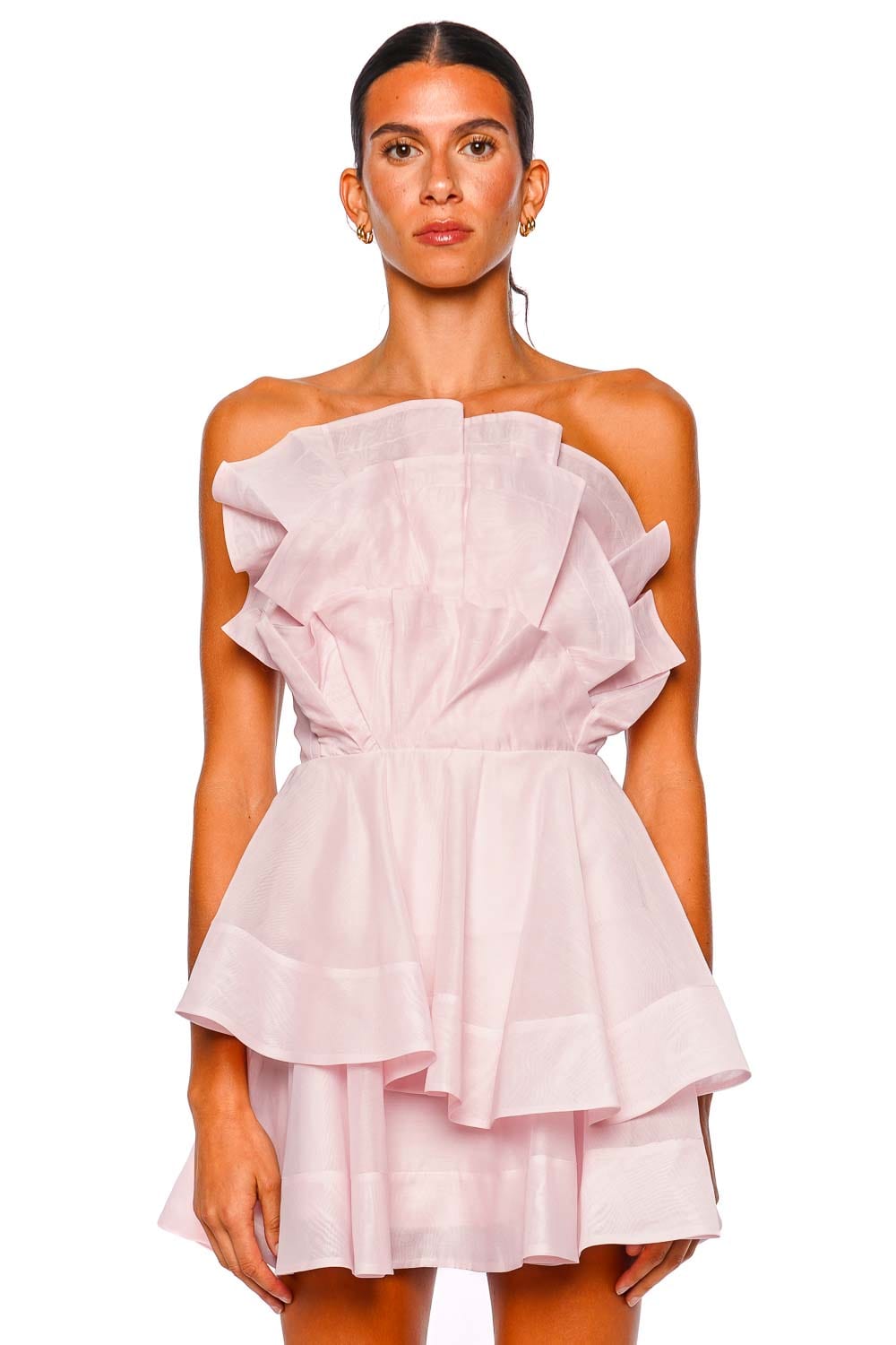 Aje. Selestia Ash Pink Strapless Ruffle Mini Dress