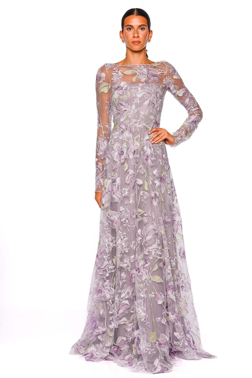 Naeem Khan Lilac Floral Illusion Neckline Long Sleeve Gown