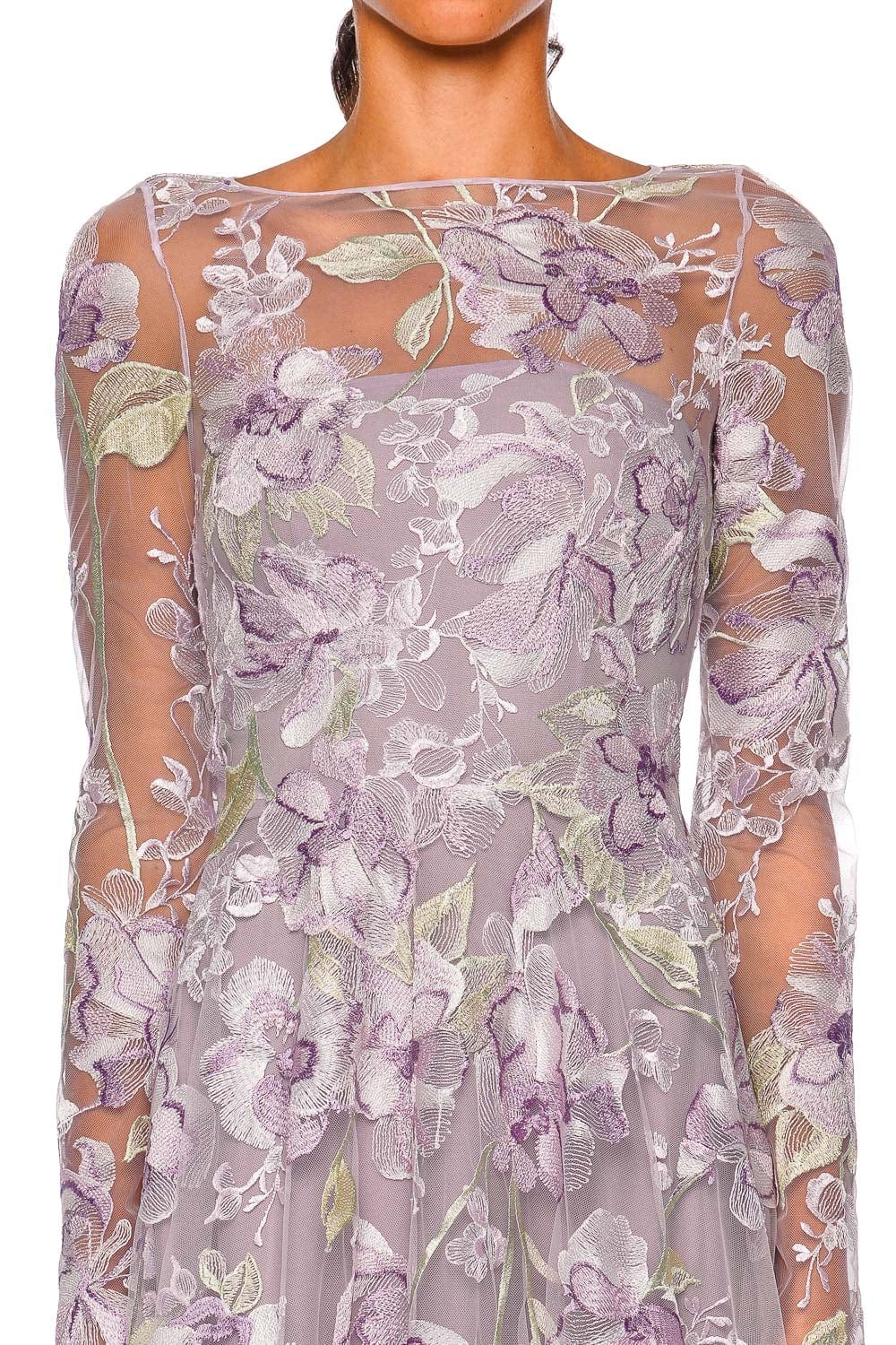 Naeem Khan Lilac Floral Illusion Neckline Long Sleeve Gown