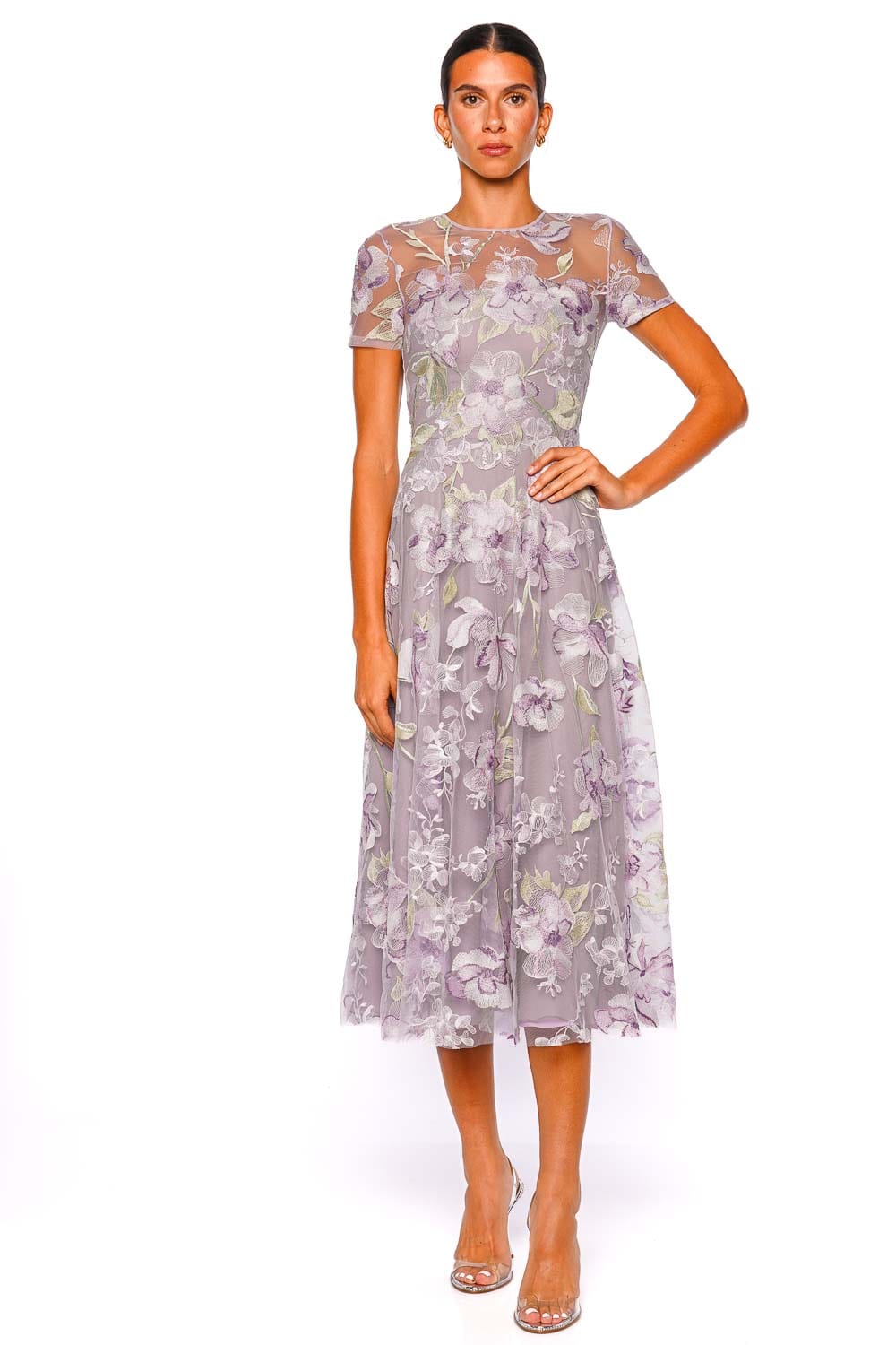 Naeem Khan Lilac Floral Illusion Neck Short Sleeve Cocktail Dress