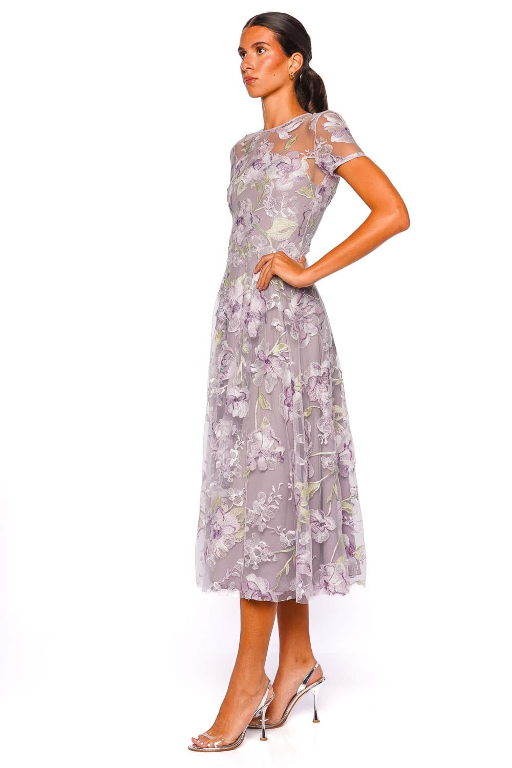 Naeem Khan Lilac Floral Illusion Neck Short Sleeve Cocktail Dress