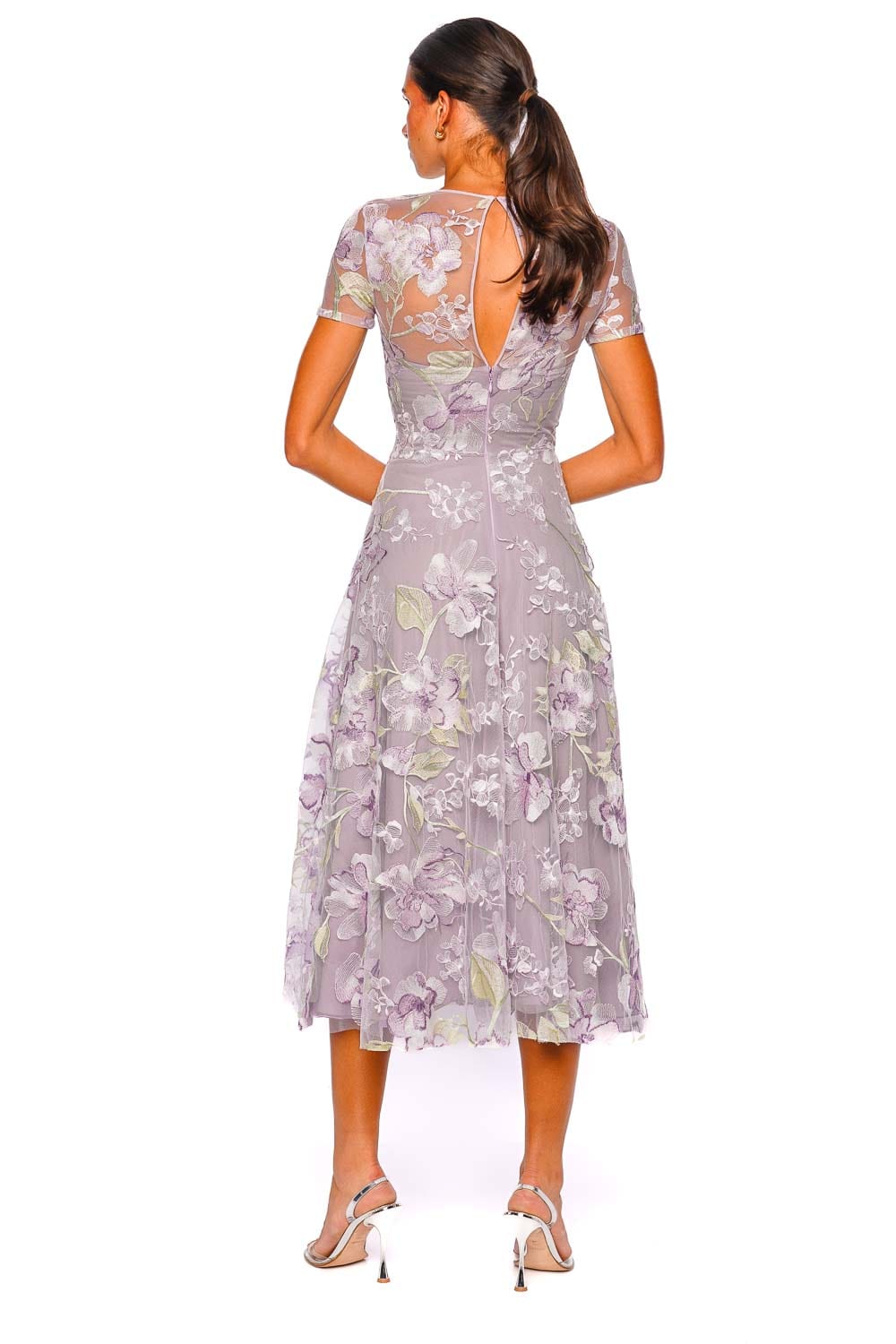 Naeem Khan Lilac Floral Illusion Neck Short Sleeve Cocktail Dress