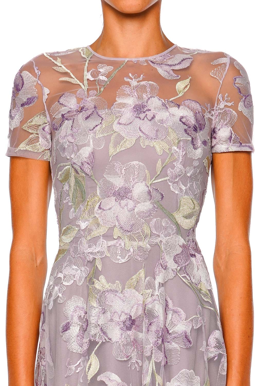 Naeem Khan Lilac Floral Illusion Neck Short Sleeve Cocktail Dress