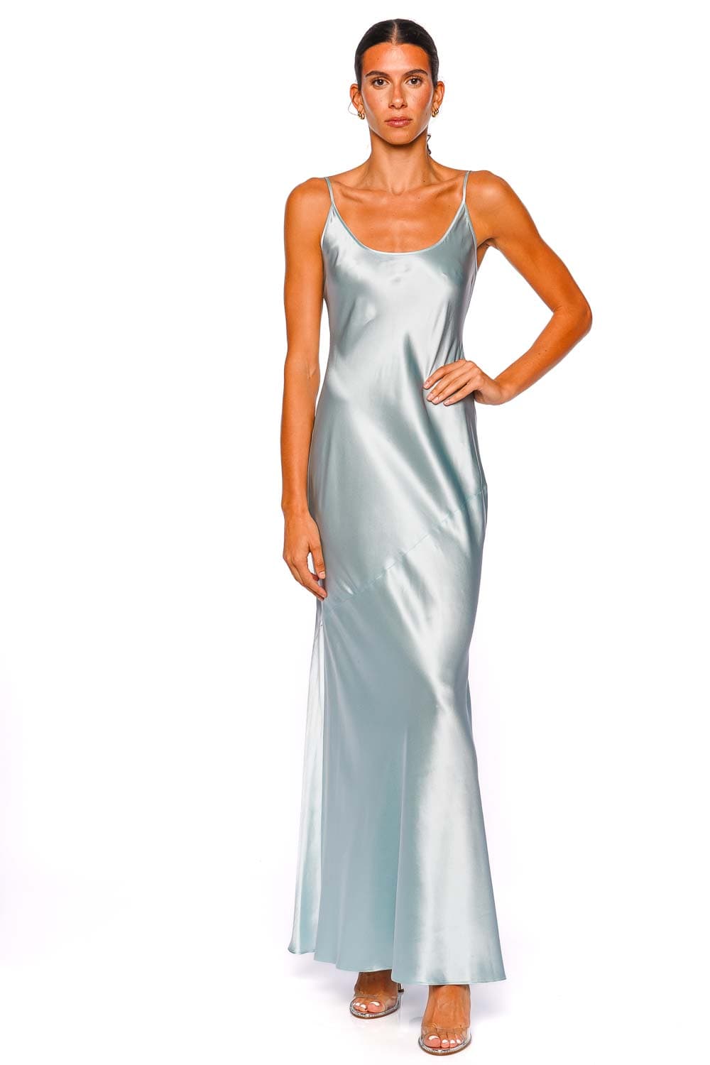 L'AGENCE Charmaine Pale Blue U-Neck Gown with Spaghetti Straps