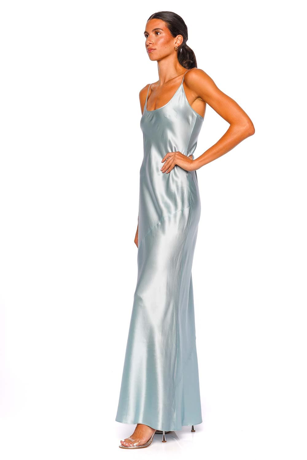 L'AGENCE Charmaine Pale Blue U-Neck Gown with Spaghetti Straps