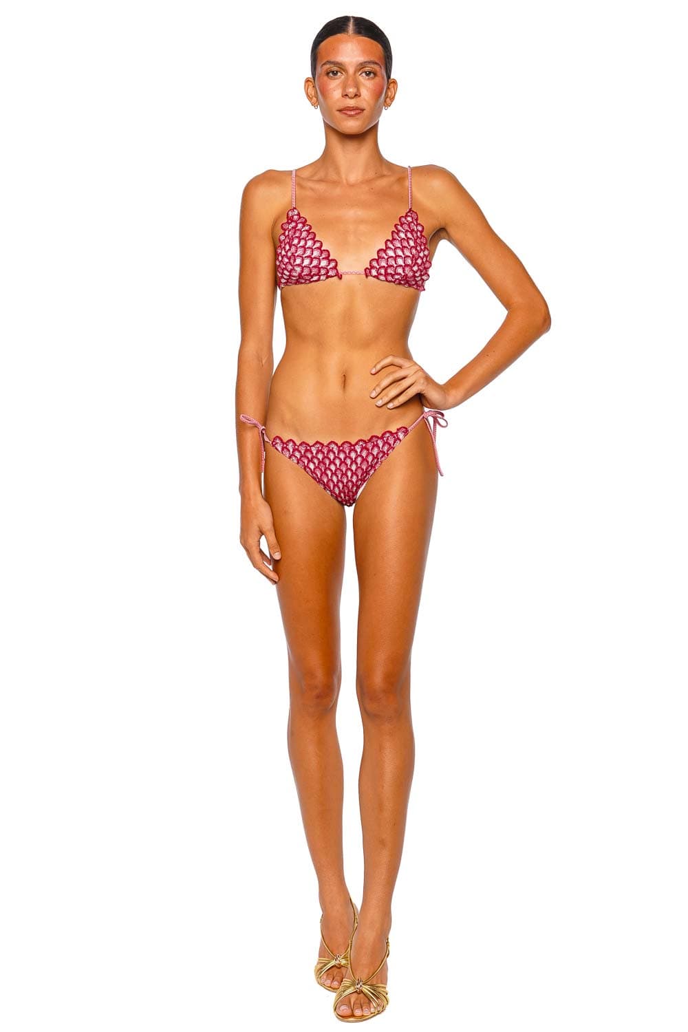MISSONI Red & Pink Raschel Lace Triangle Bikini Set