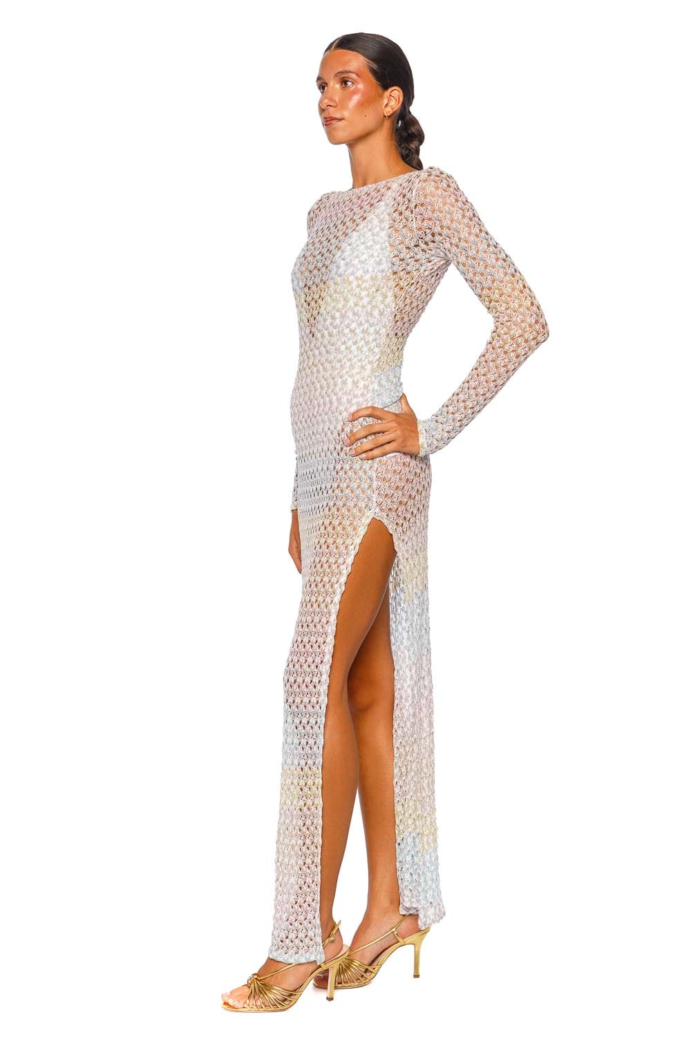 MISSONI Long Sleeve Long Cover Up Light Blue Tones Open Knit Maxi Cover Up