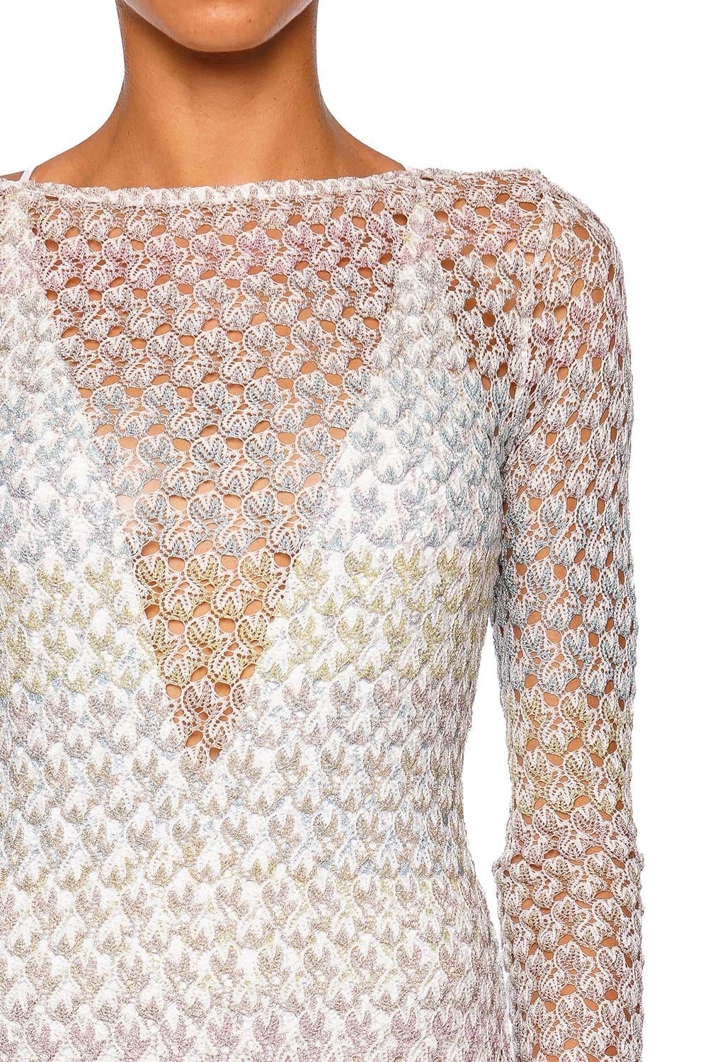 MISSONI Long Sleeve Long Cover Up Light Blue Tones Open Knit Maxi Cover Up
