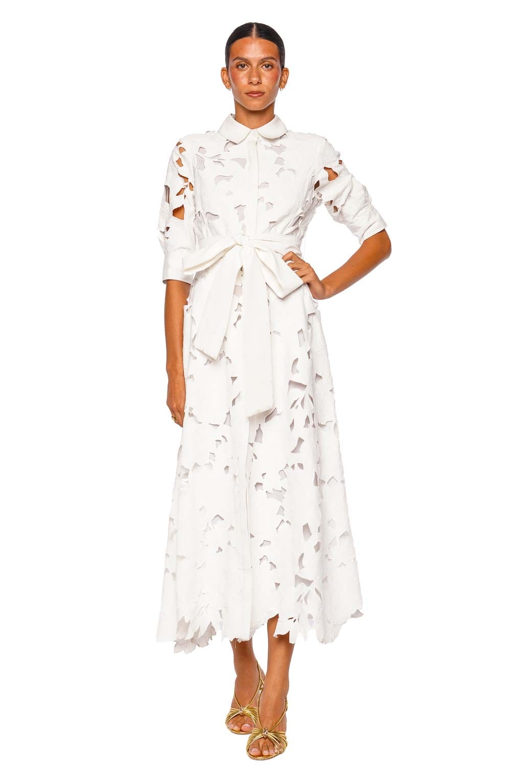 SIMKHAI Avienne White Elbow Sleeve Midi Dress
