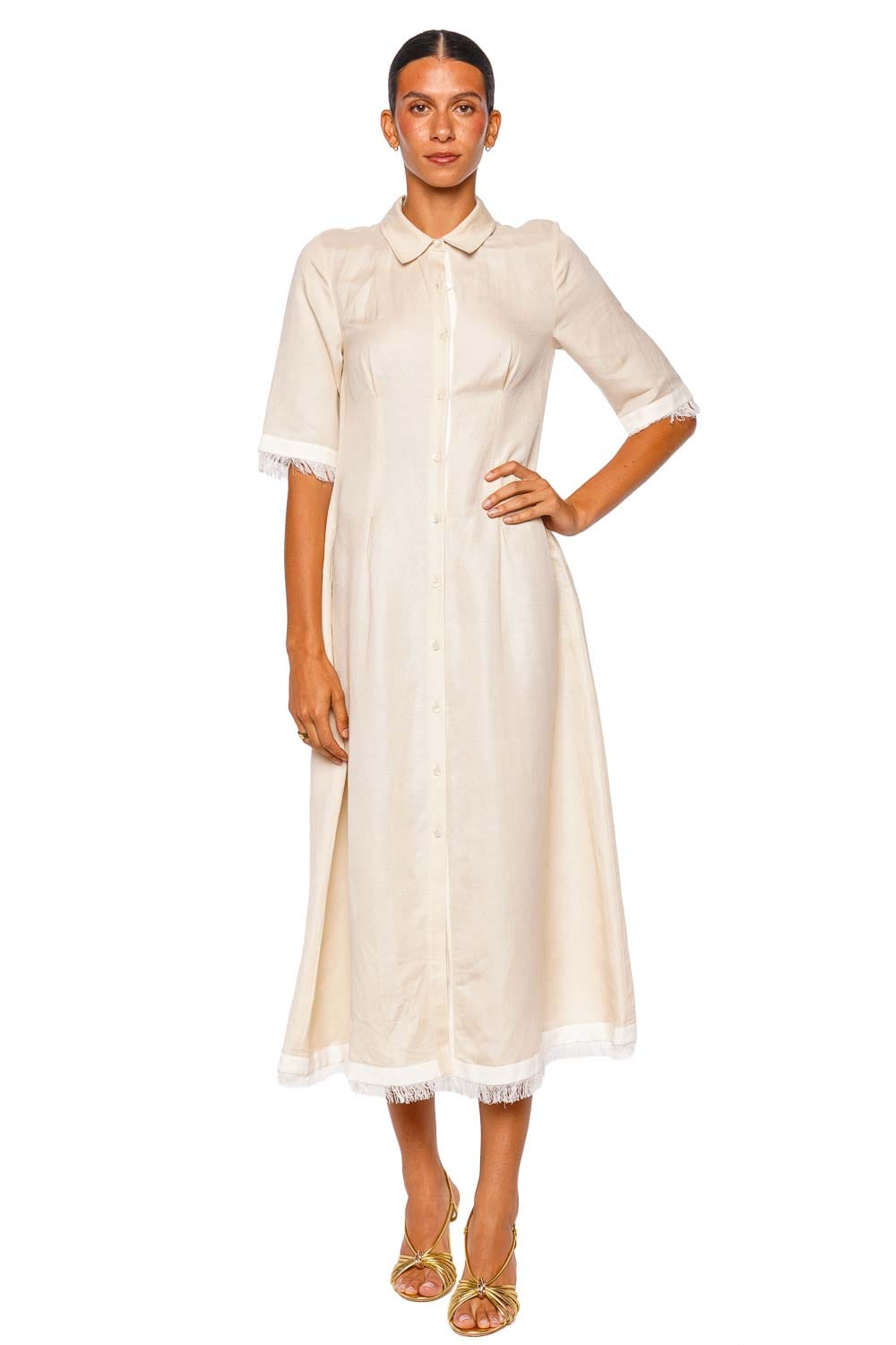 SIMKHAI Mirelle Sand Ivory Elbow Sleeve Collared Midi Dress