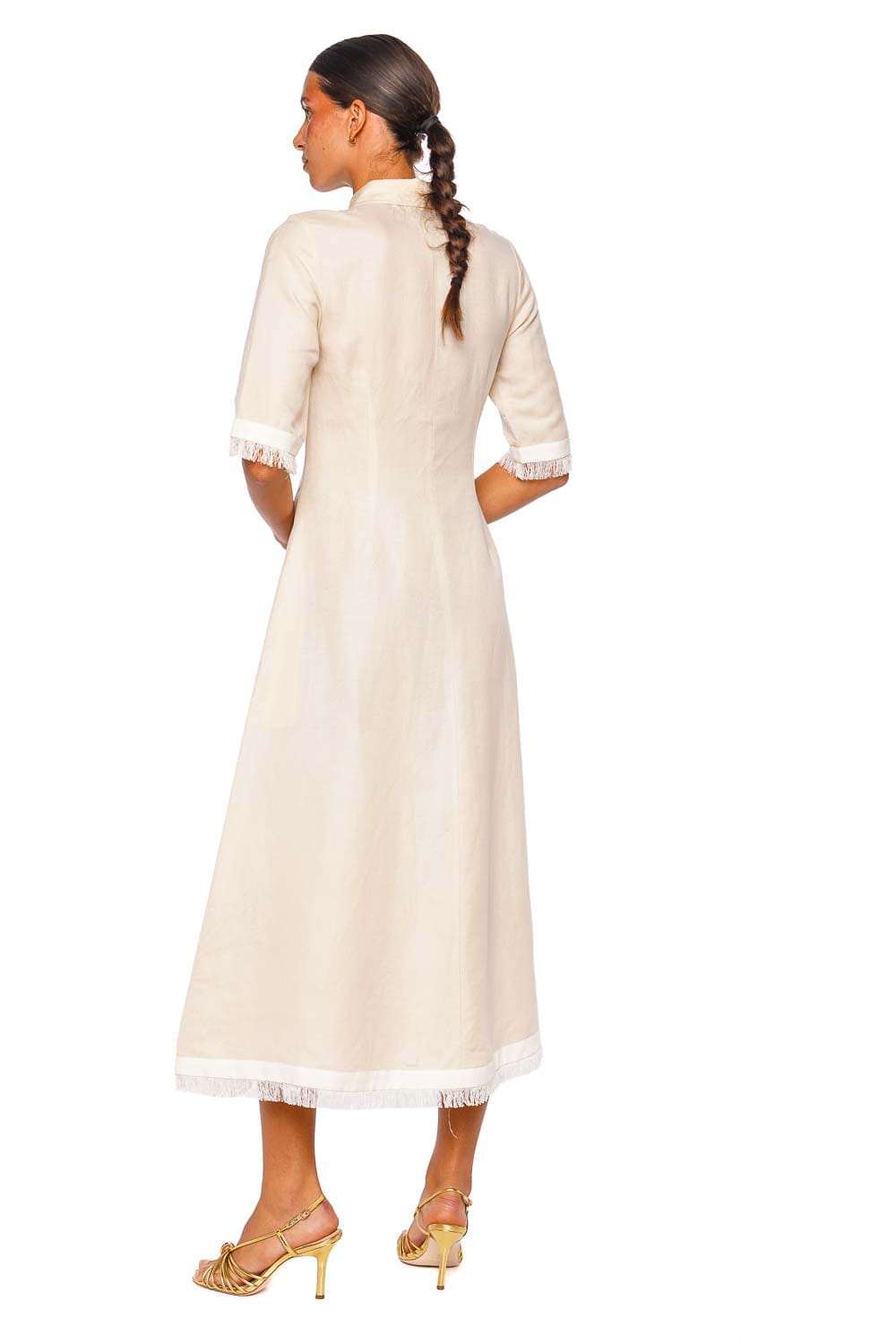 SIMKHAI Mirelle Sand Ivory Elbow Sleeve Collared Midi Dress