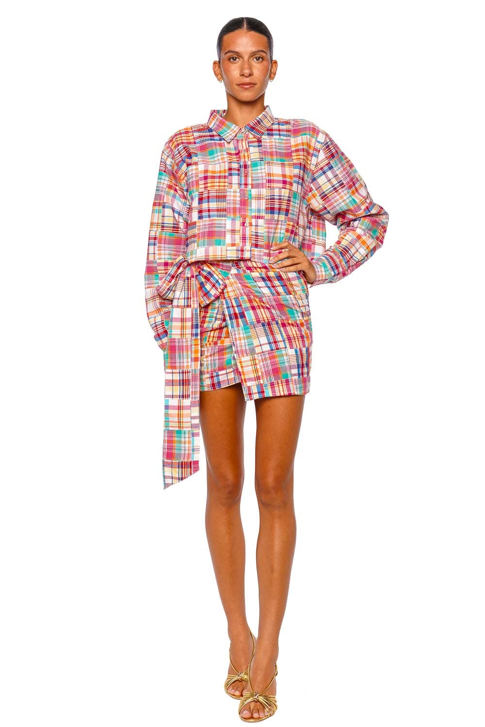 Coniglio Palm Beach Cropped Classic Button Down Long Sleeve Madras Red Plaid Top