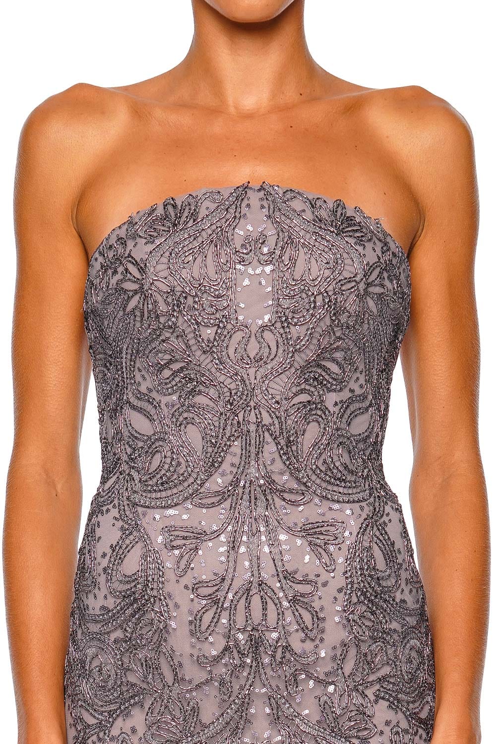 Naeem Khan Gunmetal Metallic Raffia Strapless Gown