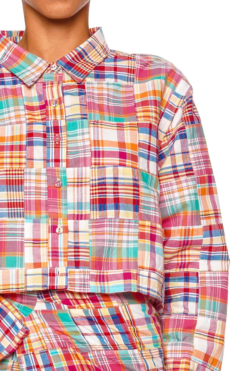 Coniglio Palm Beach Cropped Classic Button Down Long Sleeve Madras Red Plaid Top