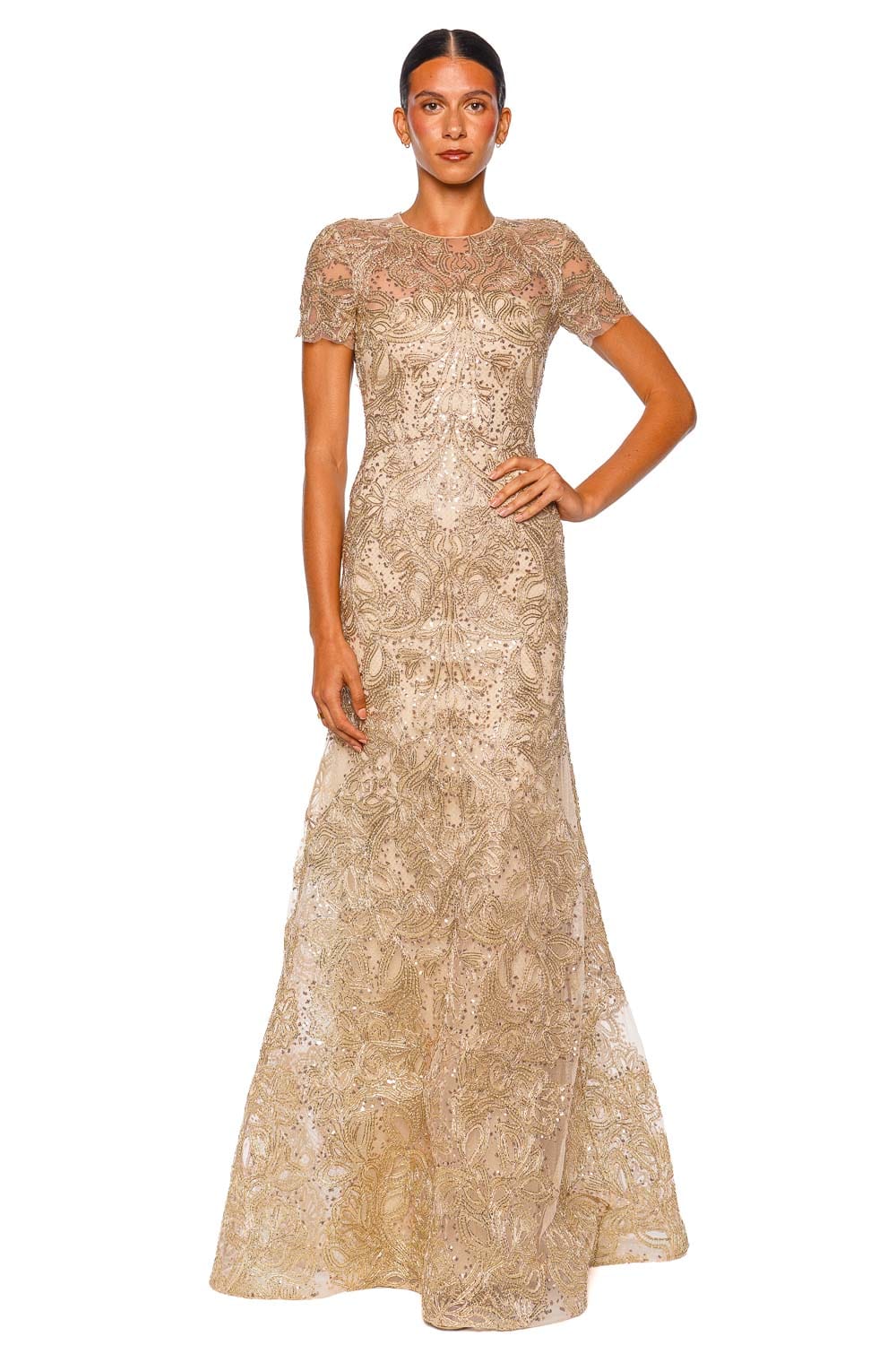 Naeem Khan Gold Metallic Raffia Cap Sleeve Fit & Flare Gown